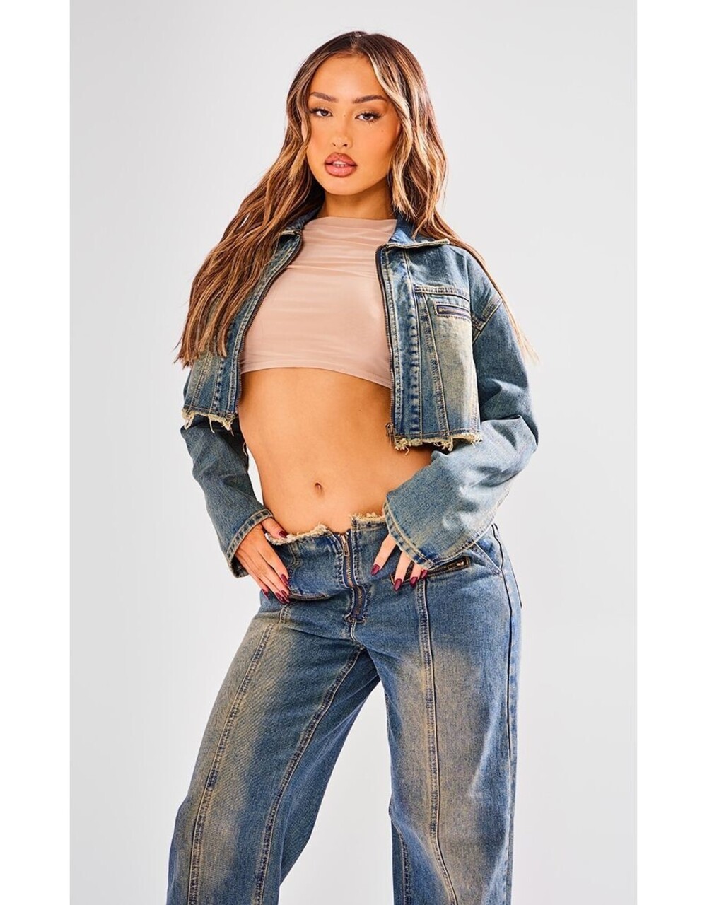New PrettyLittleThing Petite Indigo Blue Wash Raw Hem Crop Denim Jacket Size 6